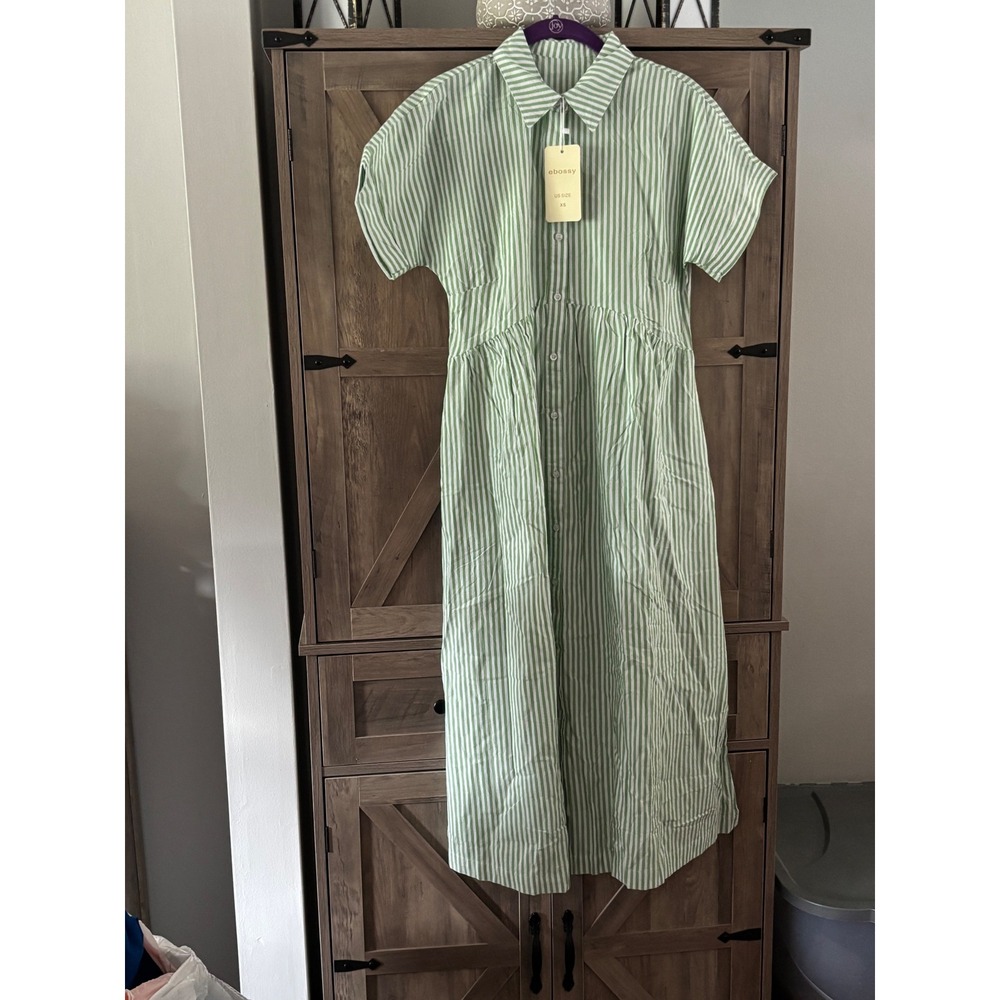 Ebossy Green White Striped Midi Shirt Dress Short Sleeve Button Front XS NWT